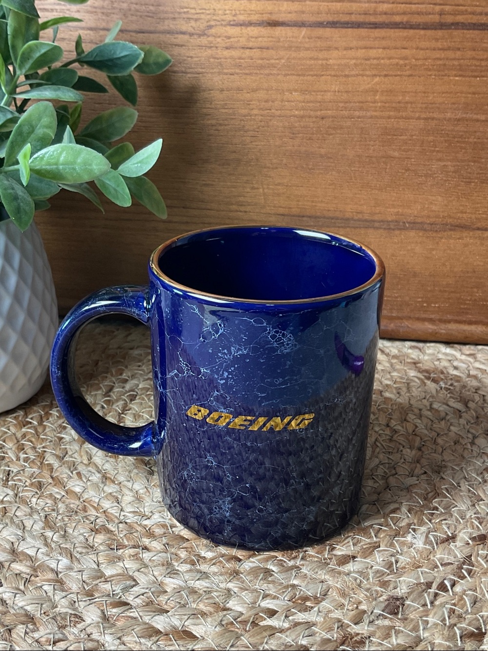 Boeing Blue Coffee Mug Gold Logo Both Sides Corporate Employee Cup Stoneware